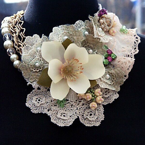 Ragdoll Magnolia' vintage textile bib statement necklace by Katherine Cooper London