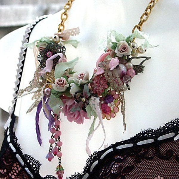 Bib Necklace Lolita Style 'Ragdoll CLAIR DE LUNE' Statement Necklace, Vintage Textile Charm Necklace