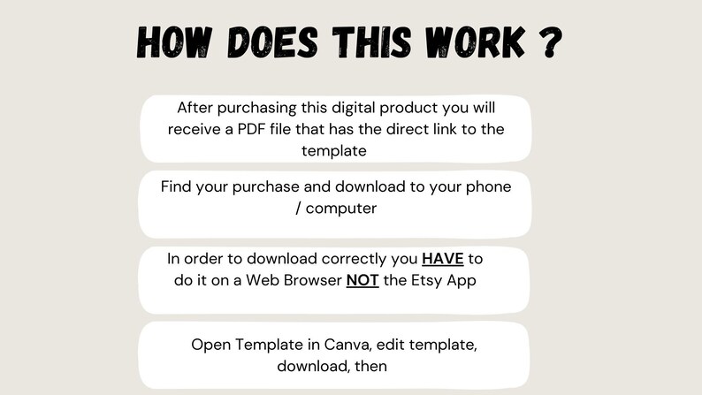 K&ouml;nnte beinhalten: Ein wei&szlig;er Hintergrund mit schwarzem Text, der erkl&auml;rt, wie man ein digitales Produkt herunterl&auml;dt. Der Text lautet: "WIE FUNKTIONIERT DAS? Nachdem Sie dieses digitale Produkt gekauft haben, erhalten Sie eine PDF-Datei mit dem direkten Link zur Vorlage. Finden Sie Ihren Kauf und laden Sie ihn auf Ihr Telefon / Ihren Computer herunter. Um korrekt herunterzuladen, m&uuml;ssen Sie dies in einem Webbrowser tun, NICHT in der Etsy-App. &Ouml;ffnen Sie die Vorlage in Canva, bearbeiten Sie die Vorlage, laden Sie sie herunter und dann"