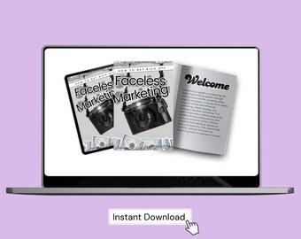 Könnte beinhalten: Laptop-Bildschirm, auf dem ein digitales Marketing-E-Book mit dem Titel "How to Get Rich Off Faceless Marketing" angezeigt wird, wobei eine Willkommensseite geöffnet ist. Das E-Book-Cover zeigt eine Kamera und Geldstapel. Ein Button auf dem Bildschirm lautet "Sofort herunterladen".