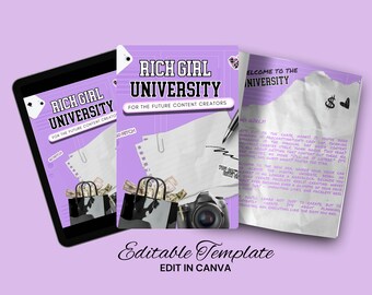 Könnte beinhalten: Eine violette und weiße digitale Vorlage mit dem Text "Rich Girl University" und "For the Future Content Creators". Die Vorlage zeigt eine schwarze Einkaufstasche mit Dollar-Scheinen und einer Kamera. Der Text "Welcome to the University" ist auf einem zerknitterten Blatt Papier mit einem Dollarzeichen und einem Herzen geschrieben.