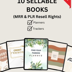K&ouml;nnte beinhalten: Ein digitales Produktpaket mit 10 druckbaren Planern und Trackern. Die Cover zeigen verschiedene Designs, darunter florale, abstrakte und minimalistische Stile. Der Text auf den Covern lautet "Credit Trackers", "Find Your Passion Planner" und "Digital Product Planner".