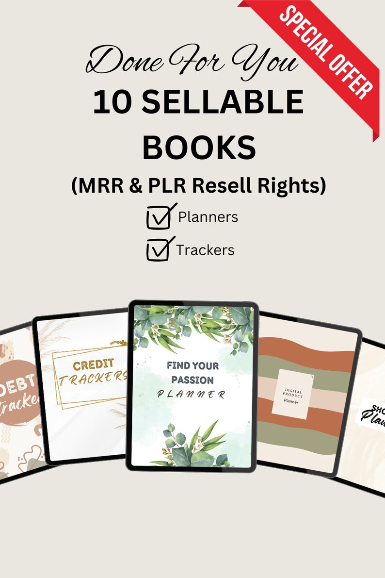 K&ouml;nnte beinhalten: Ein digitales Produktpaket mit 10 druckbaren Planern und Trackern. Die Cover zeigen verschiedene Designs, darunter florale, abstrakte und minimalistische Stile. Der Text auf den Covern lautet "Credit Trackers", "Find Your Passion Planner" und "Digital Product Planner".