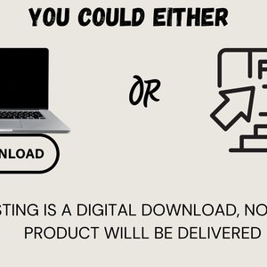 K&ouml;nnte beinhalten: Illustration, die zwei M&ouml;glichkeiten zum Erhalt eines digitalen Downloads zeigt: Herunterladen auf einen Laptop oder Drucken von einem Computer. Der Text lautet: "Sie k&ouml;nnen entweder herunterladen oder drucken. Dieses Angebot ist ein digitaler Download, es wird kein physisches Produkt geliefert."