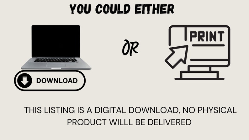 K&ouml;nnte beinhalten: Illustration, die zwei M&ouml;glichkeiten zum Erhalt eines digitalen Downloads zeigt: Herunterladen auf einen Laptop oder Drucken von einem Computer. Der Text lautet: "Sie k&ouml;nnen entweder herunterladen oder drucken. Dieses Angebot ist ein digitaler Download, es wird kein physisches Produkt geliefert."