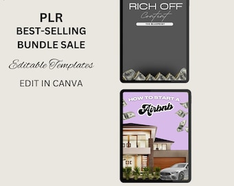 Könnte beinhalten: Eine Sammlung von vier digitalen Produktcovern mit rosa, schwarzen und violetten Hintergründen mit Bildern von Geld, einem Haus, einer Kamera und einer Frau. Der Text auf den Covern lautet "Level Up!", "Rich Off Content", "How to Start an Airbnb" und "Rich Off Influence".