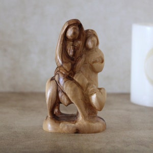 Hand Carved Faceless Wooden Sculpture of Joseph, Maria, and Jesus Fleeing to Egypt. Religious Gift, Home Decor & Christian Housewarming Gift