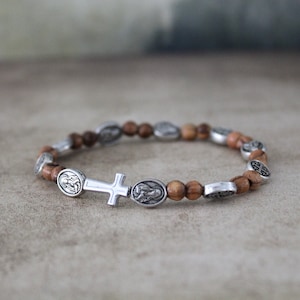 Get Two Handmade Olive Wood Beads Bracelet, Icons of Jerusalem Cross and St. Mary With Baby Jesus, Made in the Holy Land Jerusalem