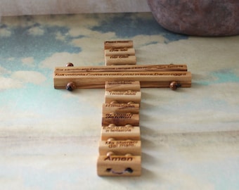 Handgemachtes Olivenholzkreuz, italienisches Vater unser Gebet, Haussegen Geschenk, Wandbehang und Dekoration