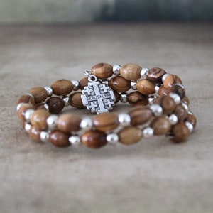 Get Two Beautiful Olive Wood Beads Bracelet With Silver Color Smaller Beads and Jerusalem Cross Icon, Made in the Holy Land Jerusalem