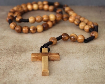 9-10mm Olive Wood Beads Necklace Rosary - Catholic Rosary 59 Beads, Authentic Olive Wood Rosary Made in the Holy Land