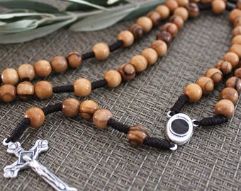 Handmade Olive Wood Rosary - Baptism Gift with Wooden Cross - 5 Decade Rosary Necklace for Him - Unique Confirmation Gift