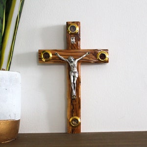 Olive Wood Wall Cross with Jerusalem Elements - Handmade Religious Decor