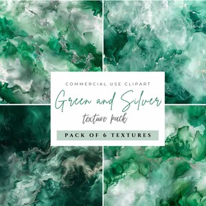 Può includere: Un set di sei texture di carta digitale con motivi astratti di marmo verde e argento.  Clipart per uso commerciale. Pack di texture Green and Silver. Confezione da 6 texture.