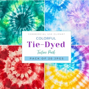 May include: A pack of 20 digital images featuring colourful tie-dye patterns. The images are ideal for adding a vibrant and unique touch to your designs.  COMMERCIAL USE CLIPART COLOURFUL Tie-Dyed Texture Pack PACK OF 20 JPGS