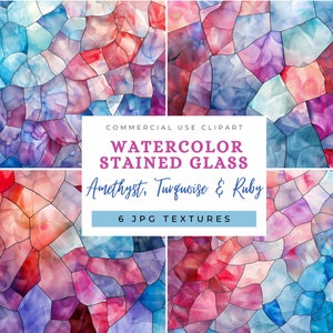 Watercolor Stained Glass Textures: Amethyst, Turquoise, Ruby (JPG Backgrounds)