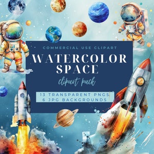 Clipart-pakket aquarel ruimte | 13 transparante png-afbeeldingen van ruimtevaarders, planeten en raketten en 6 jpg-ruimteachtergronden met hoge resolutie