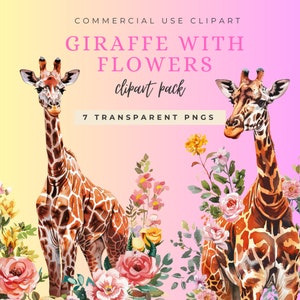Giraffe met bloemen-clipartpakket van 7 transparante png-afbeeldingen inclusief commercieel gebruik, prachtige bloemen- en girafontwerpen