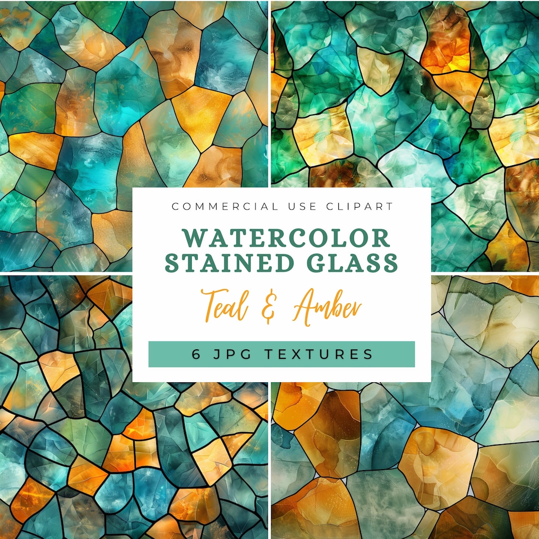 Teal & Amber Stained Glass Textures: Watercolor Style High Resolution ...