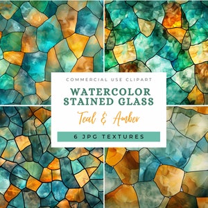 Teal & Amber Stained Glass Textures: Watercolor Style High Resolution Backgrounds