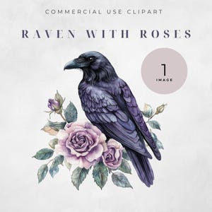 Beau corbeau avec des roses | Style Aquarelle | Pack d'images clipart d'une seule image | Haute résolution | Oeuvre d'art de corbeau | Graphiques floraux | 300 ppp