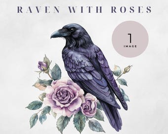 Watercolor Raven Clip Art: Floral Crow Graphic (Single Image, 300 DPI)