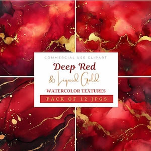 Red & Gold Watercolor Texture Backgrounds: 300 DPI JPGs (Commercial Use)