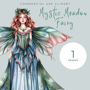 Könnte beinhalten: Eine Aquarell-Illustration einer Fee mit langen roten Haaren, die ein grünes und blaues Kleid mit grünem Oberteil und einer Krone aus grünen Blättern trägt. Sie hat große blaue Augen und zarte Flügel in Grün- und Rosatönen. Der Text "Mystic Meadow Fairy" ist in grünen Buchstaben über ihrem Kopf geschrieben.