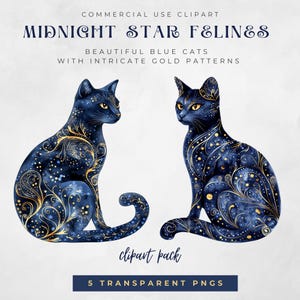 Félins étoilés de minuit - Beaux chats bleus avec des motifs dorés complexes | Pack de cliparts | PNG haute résolution avec arrière-plan transparent |