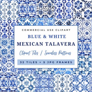 Mexican Talavera Tile Clipart  & Seamless Patterns | Blue and White | Borders and Frames | Patterned Backgrounds | 300 DPI JPG Graphics |