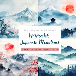 Japanische Aquarell-Gebirgs-Hintergründe, hochauflösende, Natur-Digital-Kunstdrucke für DIY-Projekte und Kunsthandwerk, Berglandschaft JPGs