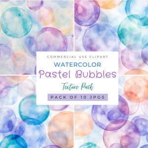 May include: A digital download of 10 watercolor bubble textures in pastel colors. The textures are seamless and can be used for commercial projects.  "COMMERCIAL USE CLIPART WATERCOLOR Pastel Bubbles Texture Pack PACK OF 10 JPGS"