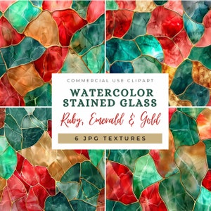 Watercolor Stained Glass Textures: Ruby, Emerald, Gold (Digital Paper)