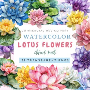 Pacchetto ClipArt di fiori di loto ad acquerello / 31 PNG trasparenti per creazioni digitali e stampabili / Fiori di loto blu, giallo, viola, rosa, bianco