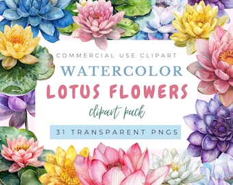 Watercolor Lotus Flower Clipart: 31 PNG Floral Illustrations (Digital Download)