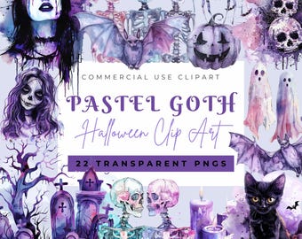 Clipart di Halloween in stile gotico pastello: elementi spettrali acquerellati (22 PNG trasparenti)