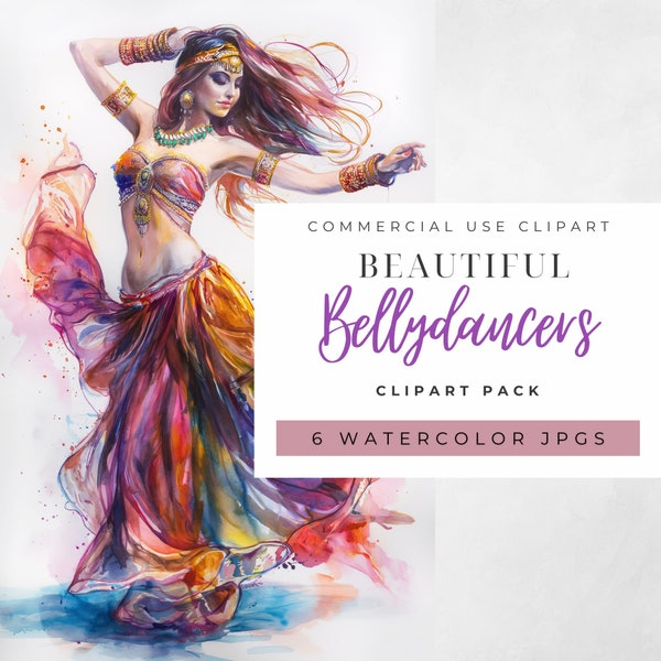 Beautiful BellyDancers Watercolor Style JPEG Graphics Clipart Pack of 6 Colorful Images Commercial Use Highquality 300 DPI