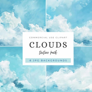 Watercolor Clouds Texture Pack, Clouds Digital Paper Design, Printable Scrapbook Backgrounds, Watercolor Textures, Commercial Use Graphics