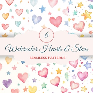 Aquarell Herzen & Sterne nahtlose Muster | Pastell Herz und Stern Design Digitale Papiere | Niedliche Herzen und Sterne | Sanfte Farben | 300 DPI