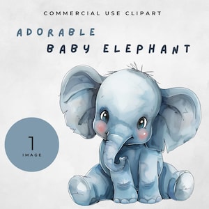 May include: A watercolor illustration of a cute baby elephant sitting with its legs crossed. The elephant is light blue with pink cheeks and has large, dark eyes. The background is white.