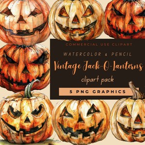 May include: A collection of watercolour and pencil illustrations of vintage Jack-O-Lanterns. The pumpkins are orange with carved faces, displaying different expressions. The image includes text that reads "COMMERCIAL USE CLIPART" and "Vintage Jack-O-Lanterns clipart pack".