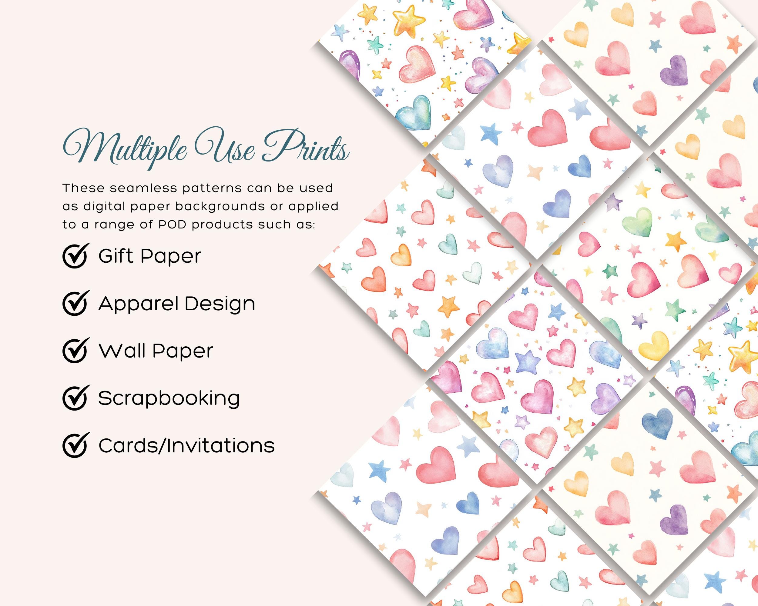 Watercolor Hearts & Stars Seamless Patterns: Pastel Digital Paper (300 ...