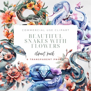 Pacote de clipart de lindas cobras com flores - 6 gráficos png transparentes de alta qualidade, design artístico de cobra, design de flora, arte floral de cobra