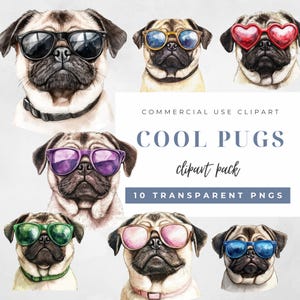 Cool Pugs | Cute Pug Dog Clipart Pack | Pug Dogs Wearing Sunglasses | PNG Graphics | Transparent Background | Personal & Commercial Use |