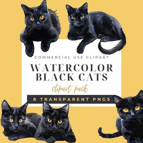 Watercolor Black Cats Clipart Pack of 8 Transparent PNGS, Commercial Clip Art, Cat Clipart, Black Cat, Black Cats with Gold and Blue Eyes