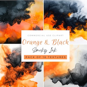 May include: A set of 16 digital textures featuring abstract orange and black smoky ink patterns.  Commercial use clipart.  Pack of 16 textures.