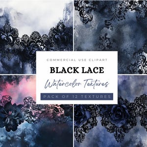 May include: A set of 12 digital watercolor textures featuring black lace patterns on a blue and pink watercolor background.  COMMERCIAL USE CLIPART BLACK LACE Watercolor Textures PACK OF 12 TEXTURES