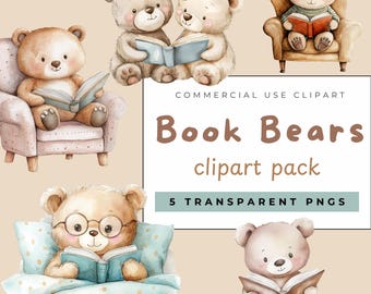 Watercolor Book Bears Clipart: Reading Bear PNG Graphics (Commercial Use)