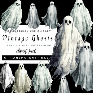May include: A collection of vintage ghost clip art in shades of gray and white, rendered in pencil and soft watercolor. The image includes the text "Vintage Ghosts" and "Commercial Use Clipart". The pack contains 6 transparent PNGs.