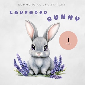 Aquarel konijntje-clipart met lavendelbloemen, transparante png (enkele afbeelding)